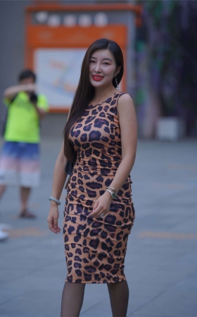 豹纹紧身包臀裙黑丝美腿