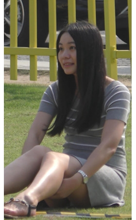 草地上的灰色连衣裙美女