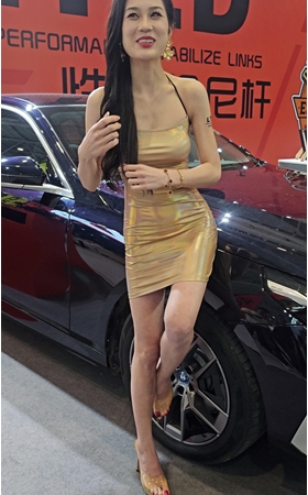 金色皮裙车模