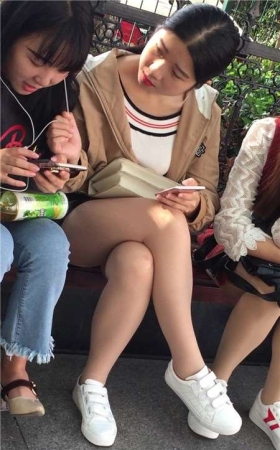 路边花坛玩手机的三位清纯丝袜美腿小美女